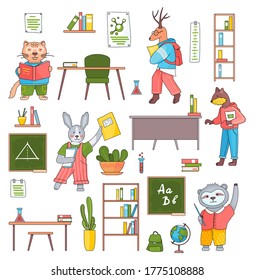 Set of cute animals studying, students at college. Literature, geometry, geography, chemistry icons. College lessons. Children's illustrations. Funny characters students, back to school concept