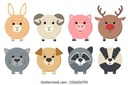 Set of cute animals. Stylized round shape. Children's illustration. Wild, farm and domestic animals, mammals isolated on white background. Vector.
