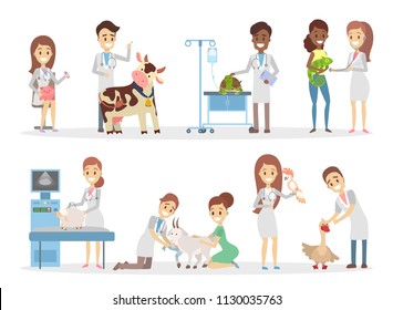 Set of cute animals such as cow, pig, goat and others get a veterinary examination in clinic. People take care of the pets. Isolated flat vector illustration