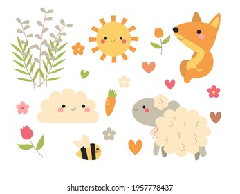 Set of cute animals in summer decoration isolated on white background , cute fox ,bee and sheep