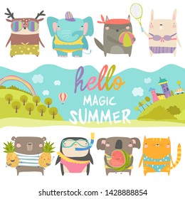 Set of cute animals with summer theme on white background