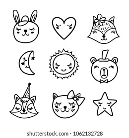 Set of cute animals, sun, moon, star. Cartoon characters for baby shower card or shirt print design. Vector illustration isolated on white background.