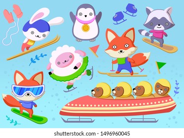 set of cute animals that do winter sports. Vector illustration. Design Elements