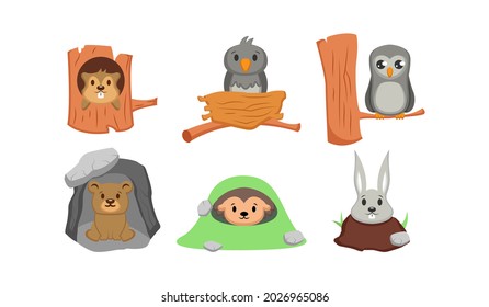Set of cute animals and their homes