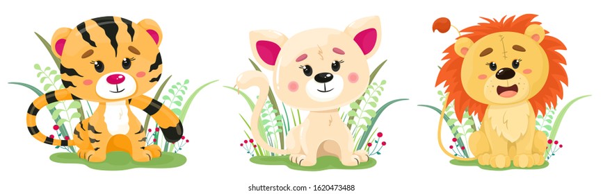 Set of cute animals, a tiger, a cat and a lion in the grass. Vector illustration in cartoon flat style. White background.