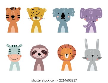 Set with cute animals tiger, leopard, koala, elephant, zebra, sloth and hare. Cute baby background