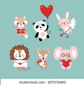 Set Of Cute Animals For Valentine S Day. Elephant, Panda, Bunny With A Heart. Romantic Illustration, Flat Cartoon Style
