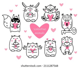 A set of cute animals for Valentine's Day holding heart symbols