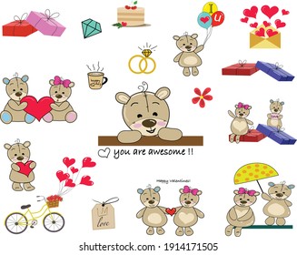 Set Cute Animals With Valentines Funny Cat Vector Image