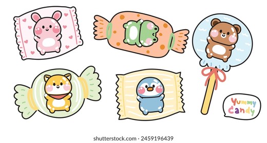 Set of cute animals in various candy package.Cartoon character design.Rabbit,frog,bear,shiba inu dog,penguin hand drawn.Kawaii.Vector.Illustration.