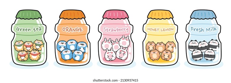 Set Of Cute Animals In Various Flavor Of Milk Bottle.Dog,penguin,rabbit,bear,panda.Beverage.Drink.Baby.Kawaii Food.Vector.Illustration.