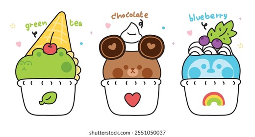 Conjunto de animales lindos varios sabor a helado con topping.Sweet y postre.Cocodrilo, oso de peluche, pingüino.Dibujos animados animales dibujados a mano.Kawaii.Vector.Ilustración.