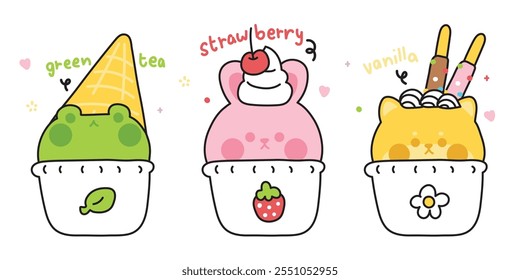 Set von niedlichen Tieren verschiedenen Eis Geschmack mit Topping.Süß und Dessert.Frosch, Kaninchen Hase, shiba inu Hund.Tier Cartoon handgezeichnet.Kawaii.Vektor.Illustration.