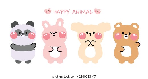 Set of cute animals in various poses cartoon on white background.Character design.Panda,rabbit,dog,bear hand drawn.Pastel.Kawaii.Vector.Illustration.