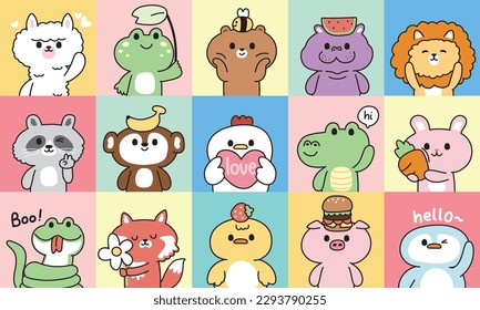 Set of cute animals in various poses on colorful backgorund.Wild and farm animal character cartoon design.Penguin,pig,chicken,fox,snake,lama,monkey,lion,bear,frog drawn.Kawaii.Vector.Illustration.