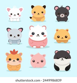 Set of cute animals in various poses on colorful backgorund.Wild and farm animal character cartoon design.