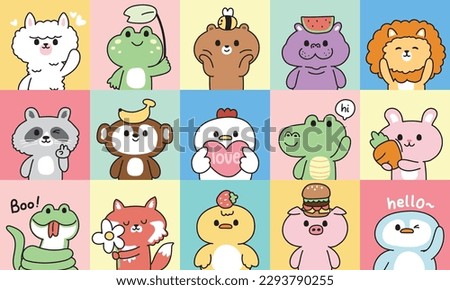 Set of cute animals in various poses on colorful backgorund.Wild and farm animal character cartoon design.Penguin,pig,chicken,fox,snake,lama,monkey,lion,bear,frog drawn.Kawaii.Vector.Illustration.