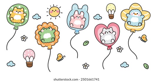 Set of cute animals various shape balloon on sky background.Shiba inu dog.Rabbit.Frog.Cat.Penguin.Sun,cloud,butterfly,flower,leaf hand drawn.Kawaii.Vector.Illustration.