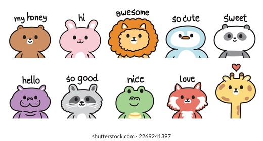 Set of cute animals with various text cartoon.Kid graphic.Bear,rabbit,lion,penguin,panda,hippopotamus,crocodile,fox,giraffe,raccoon hand drawn.Kawaii.Vector.Illustration.