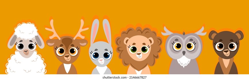 Conjunto de lindos animales. Niños vectores de ovejas, conejito, ciervo, león, búho y oso. Se usará para banner, afiche, tarjeta de saludo, iconos.