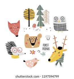 Set of cute animals. Vector Illustration. Scandinavian design. Forest.