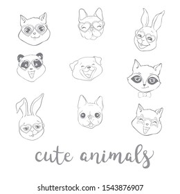 Set cute animals. Vector illustration. Dog, rabbit, Panda, cat, Fox, raccoon.