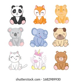 Pon animales lindos. Ilustración vectorial. Elefante, león, Koala, perro, gato, unicornio, Panda, Fox, oso.