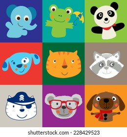 Set of Cute animals. Vector illustration. Dog cat elephant racoon.