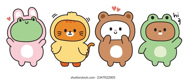 Set of cute animals wear costume in various poses.Funny character design.Wild,pet,reptile,farm animal cartoon.Kawaii.Vector.Illustration.