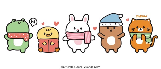 Set of cute animals wear scarf and coat in various poses.Cartoon design collection.Frog,chicken,rabbit,bear,cat hand drawn.Winter.Fall and autumn.Kawaii.Vector.Illustration.