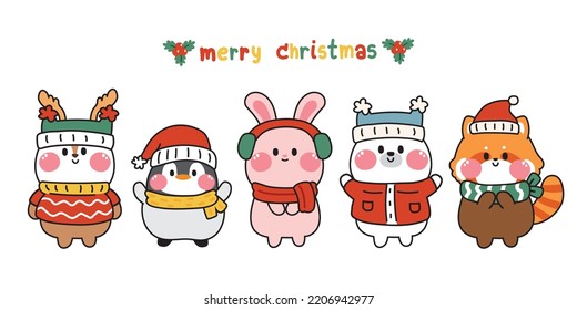 Set of cute animals wear winter costume.Animal in merry christmas concept collection.Deer,penguin,rabbit,bear,red panda hand drawn.Happy festival.Holiday.Kawaii.Vector.Illustration.