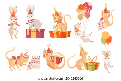Set of cute animals wearing birthday cone hat and with gifts cartoon animal design vector illustration on white background