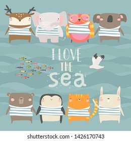 Set of cute animals wearing striped vest on sea background