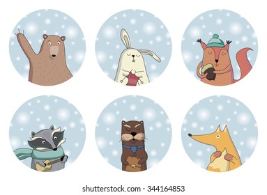 Set of cute animals. Winter background. 