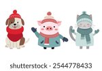 Set of cute animals in winter clothes. Thickly clothed pets. Winter animals. Dog, pig, cat.