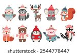 Set of cute animals in winter clothes. Elephant, raccoon, wolf, bear, owl. Thickly clothed pets. Winter animals. 