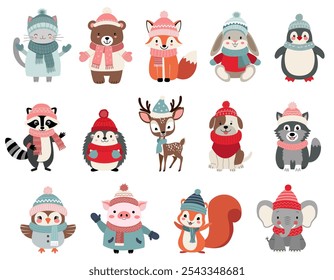 Set of cute animals in winter clothes. Thickly clothed pets. Winter animals. Bear, fox, deer, squirrel, owl, hare.