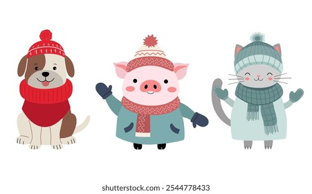 Set of cute animals in winter clothes. Thickly clothed pets. Winter animals. Dog, pig, cat.