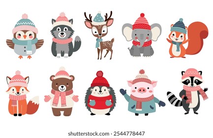 Set of cute animals in winter clothes. Elephant, raccoon, wolf, bear, owl. Thickly clothed pets. Winter animals. 