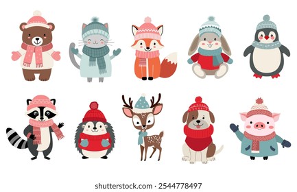 Set of cute animals in winter clothes. Bear, squirrel, penguin, pig, dog. Thickly clothed pets. Winter animals. 