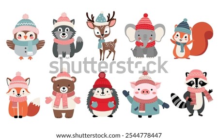 Set of cute animals in winter clothes. Elephant, raccoon, wolf, bear, owl. Thickly clothed pets. Winter animals. 