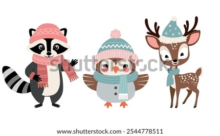 Set of cute animals in winter clothes. Thickly clothed pets. Winter animals. Raccoon, owl, reindeer.