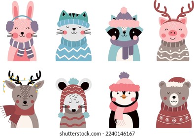 A set of cute animals in winter clothing. Cute animal faces hand-drawn. Great for children's clothes, postcards 