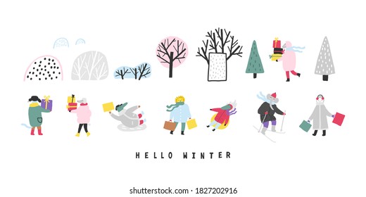 Set with cute animals in winter forest. Isolated objects on white. Hand drawn vector illustration. Concept kids print. Vector hand drawn illustration