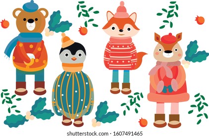 Set of cute animals. Winter animals in hats and sweaters. Fox, bear, penguin in winter clothes.