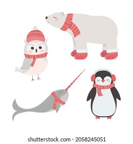 Set of cute animals in winter hats and scarves, penguin, snowy owl, polar bear, narwhal. Christmas and New Year concept.