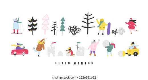 Set with cute animals in winter. Isolated objects on white. Hand drawn vector illustration. Concept kids print. Family playing in the snow in the pack.