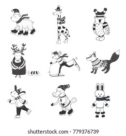 Set of cute animals in the winter . Nursery art. Minimalist scandinavian style. Characters for kids card, print for t-shirt and more.