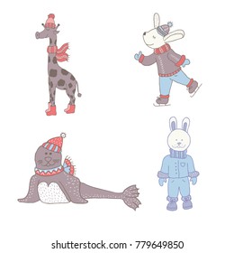 Set of cute animals in the winter . Nursery art. Minimalist scandinavian style. Characters for kids card, print for t-shirt and more.