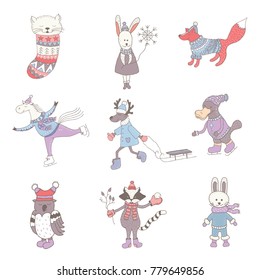 Set of cute animals in the winter . Nursery art. Minimalist scandinavian style. Characters for kids card, print for t-shirt and more.